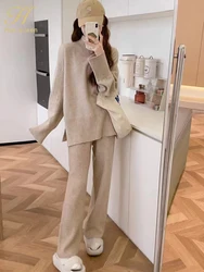 H Han Queen Autumn Winter Knitted Elastic Suit pants Loose Half High Neck Set Casual Female 2 Pieces Set High Waist Pant Sets