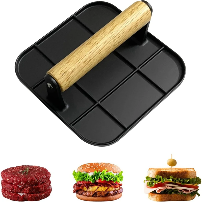 Meat Press With Wooden Handle 6In Square Burger Press Aluminum Hamburger Smasher Tool Use For Grill And Griddle Cooking
