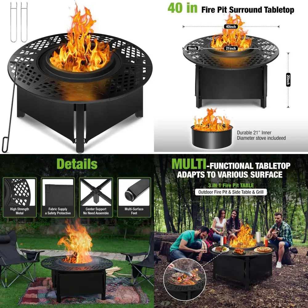 

HYKOLITY 40-дюймовый уличный стол для костра с приставным столиком и грилем, конструкция 3-в-1, бездымный, древесный или пеллет