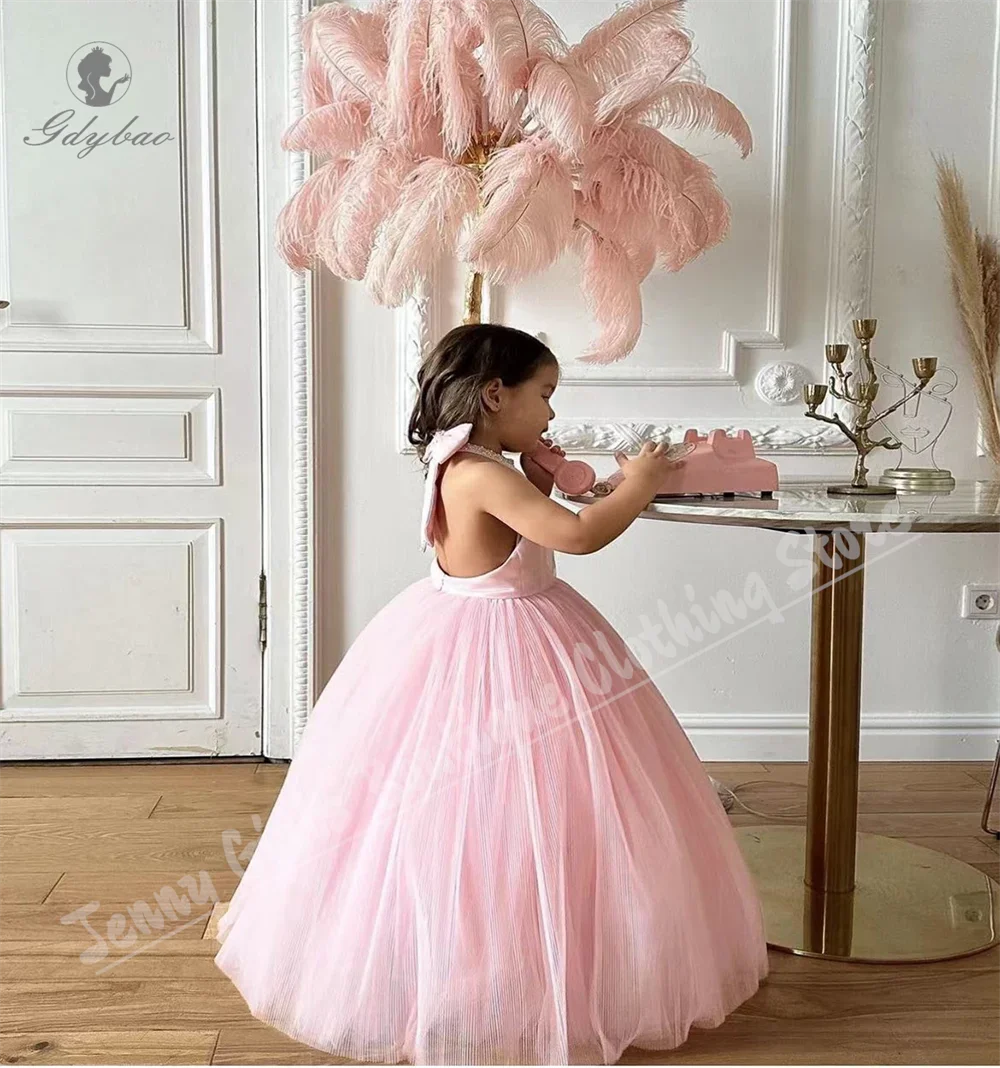 Pink Flower Girl Dresses Sleeveless Hang Around Neck Design For Wedding First Communion Formal Occasion Children's Party Wear