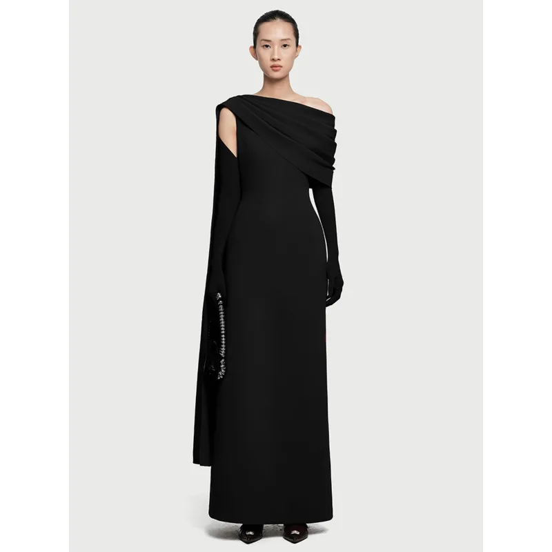 

[Vibe] Elegant Dress Asymmetrical Pleated Long Split Shawl Gloves Women's Evening Party Dresses 2025 Summer New Fashion