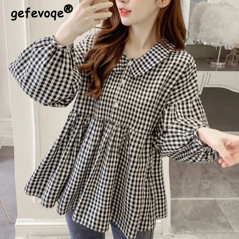 

Spring Autumn Women's Korean Fashion Plaid Sweet Blouse Casual Peter Pan Collar Kawaii Shirt Long Sleeve Loose Tops Blusas Mujer