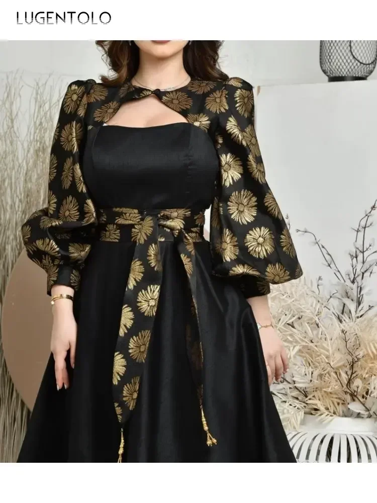 여성 섹시한 드레스 빅 스윙 긴 퍼프 슬리브 블랙 레이스 업 인쇄 골드 새틴 파티 봄 여름 레이디 우아한 맥시 의류