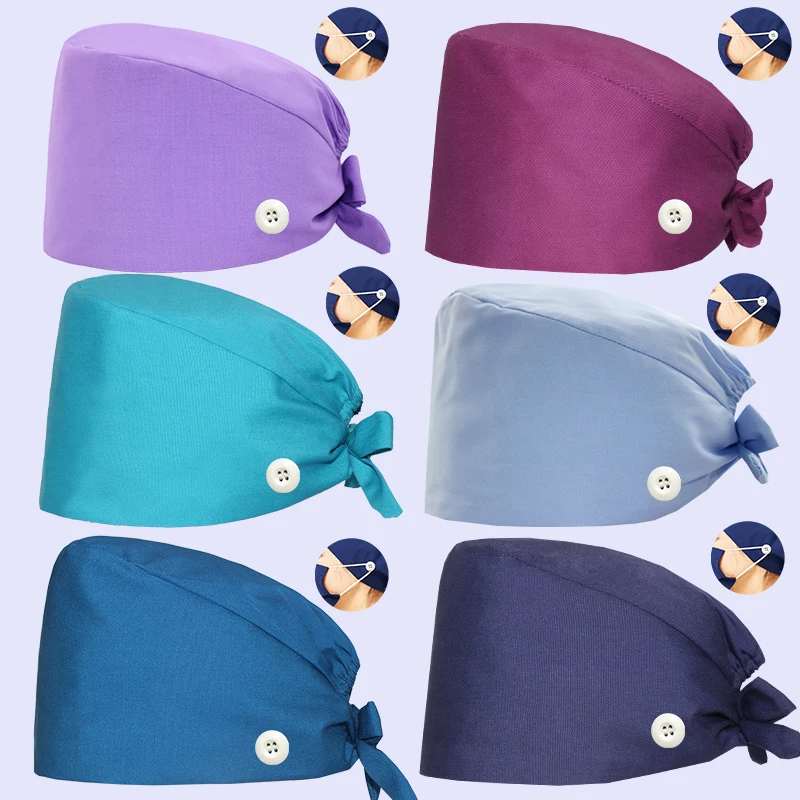 Unisex Medical Scrub Cap Surgical Hats Nurse Accessories 100% Cotton with Tieback Navy Chef Dentist Clinical Hat Women Man