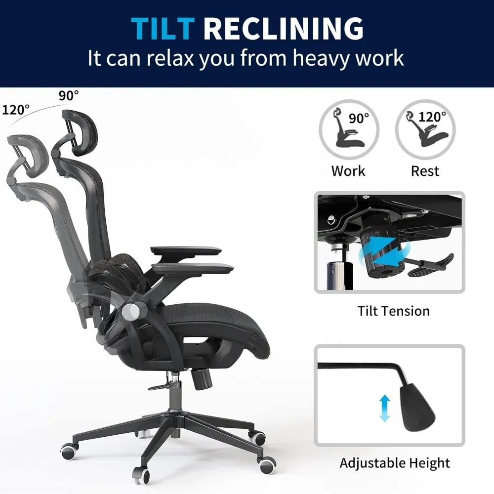 كرسي دوار مريح عالي الظهر مع دعم قطني ومسند للرأس، ارتفاع قابل للتعديل، وأذرع قابلة للطي، وميزة هزازة لـ Comf