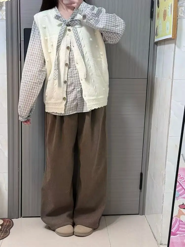 

Осенний сезон, комплект из двух предметов, винтажный возрастной коледж Sle Ele Plaid irt, универсальный вязаный жилет, модный ансамбль