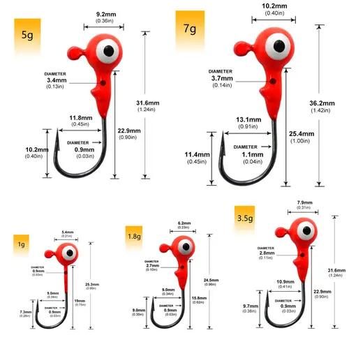 Imagen 2 del producto 50 unids/caja 1g 1,8g 3,5g 5g 7g anzuelo de cabeza de anzuelo de color, anzuelo de pesca con anzuelos de aparejo de cabeza redonda para cebos de señuelo suave, anzuelo de trucha