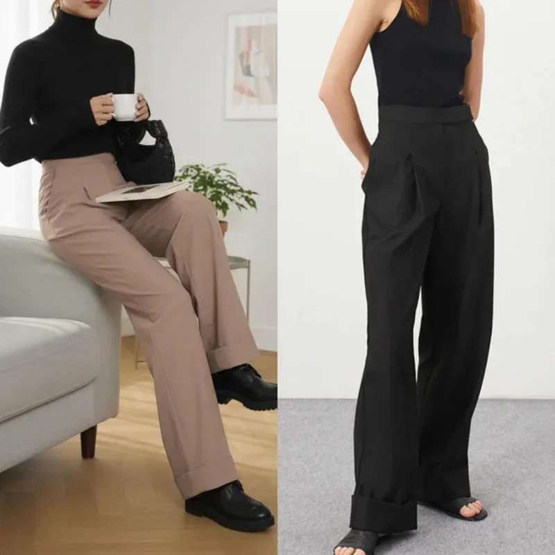 

Широкие брюки с высокой талией для женщин, весенний стиль для поездок на работу, свободные брюки, элегантная повседневная офисная одежда, модная длина до пола