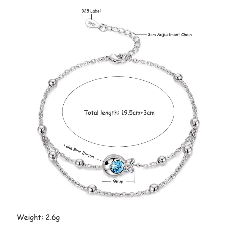 New Fashion 925 Sterling Silver Blue Zircon Small Fish Pendant Double Layer Anklets Women Jewelry Gift Sexy Beach CZ Foot Chain