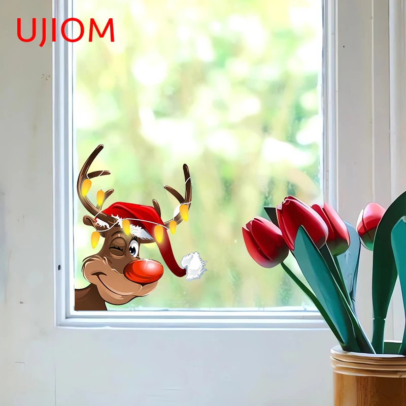 UJIOM 13cm X 10.3cm Christmas Elk Peeker Wall Stickers Sunscreen Graphics Living Room Cupboard Decal Room Decoration Mural