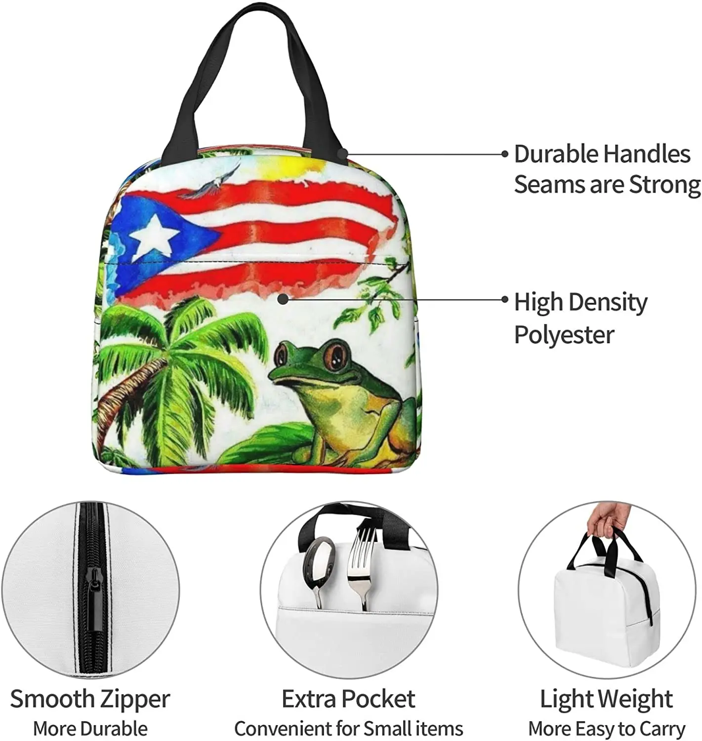 Insulated Lunch Bag Reusable Cooler Thermal Puerto Rico Tote Bag With Front Pocket For Women Men Travel Work Hiking Picnic