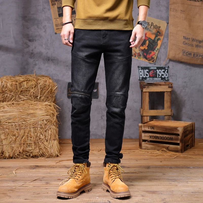 Autumn and winter American high quality motorcycle pants retro elastic zipper small leg jeans for men denim skinny jeans men