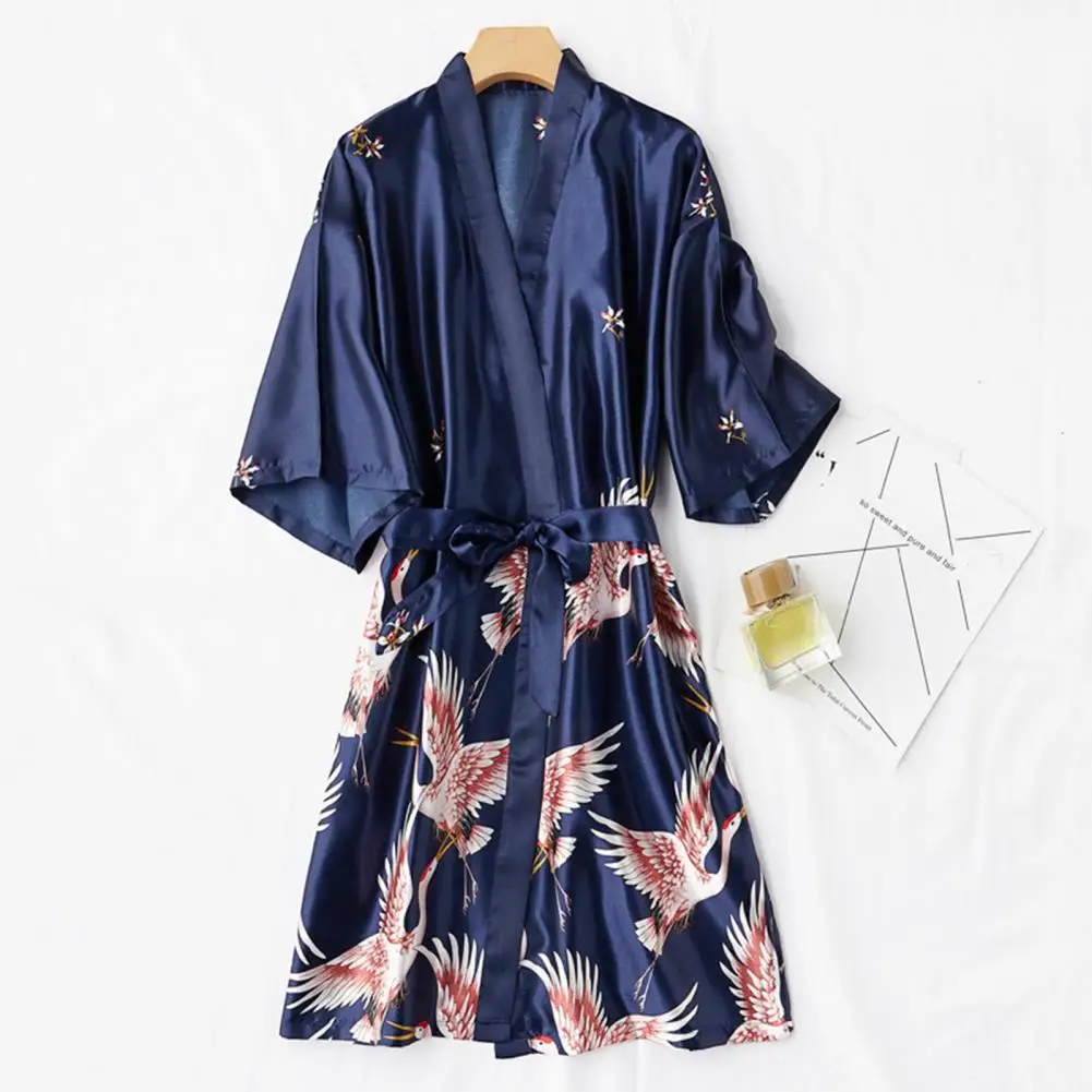 2025 Satin Women Bathrobe Ice Silk Bird Print Lace-up V Neck Half Sleeve Summer Silky Nightgown Women Loungewear Women Pajamas