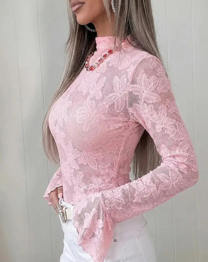 

Women's Blouse 2026 New Spring Autumn Sheer Slim Fit Floral Lace Top Mock Neck Flared Long Sleeve See Through Blouse