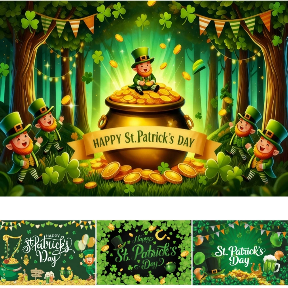 

St. Patrick's Day Backdrop Ireland Spring Lucky Green Hat Rainbow Gold Coin Shamrock Festival Happy Party Background Photograph