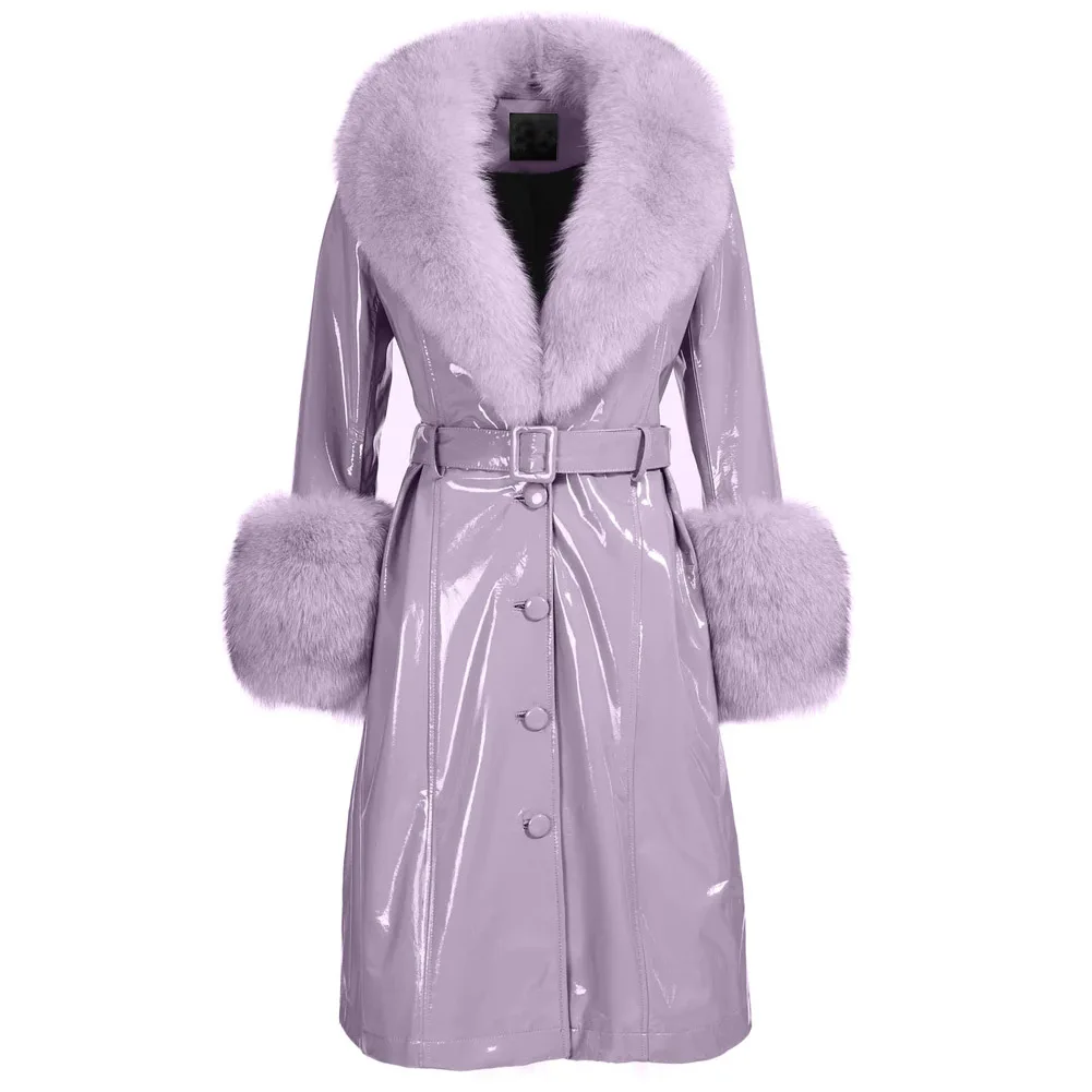 Denny&Dora Violet Plus Size Coat Women Real Fox Fur Collar Long Genuine Leather Coat Trench