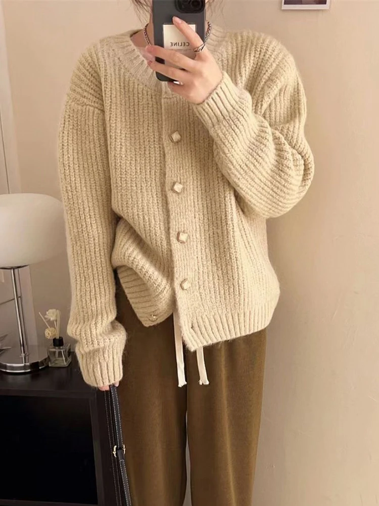 Zoki Women Korean Soft Cardigan Swetry Casual Loose Long Sleeve Knitted Tops Sweet O Neck Single Breasted Female Yellow Coats