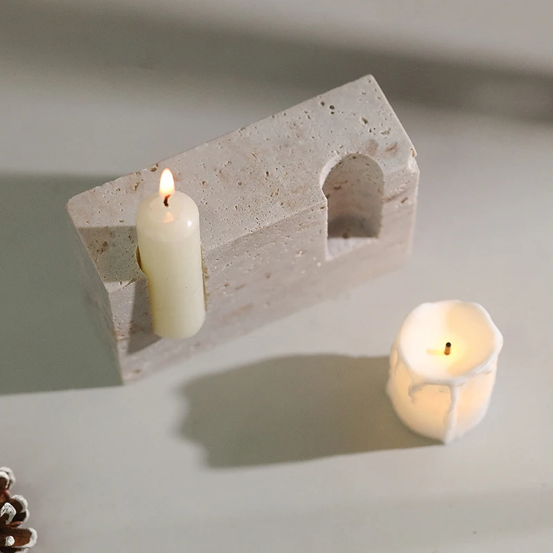 

2 Holes Marble Taper Candle Holder Vintage Travertine Stone Candlestick Holder for Home Decor Dinning Party Table Centerpiece