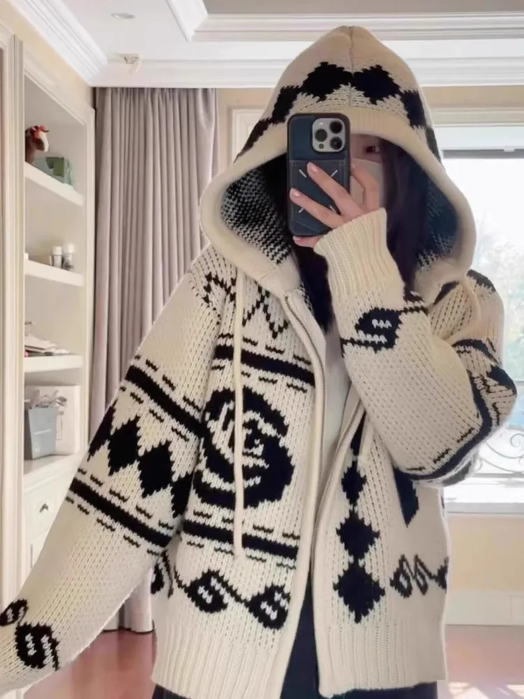 Korean Openyy Elk Rose Jacquard Zipper Hooded Sweater Jacket Women's Loose Lazy Casual Knitted Cardigan