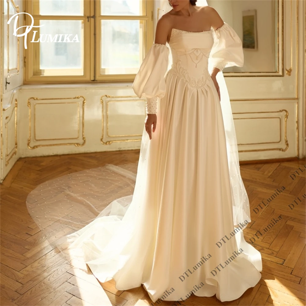 

DTLumika Delicate Modern Satin Bride Dress Strapless A Line Long Customized Wedding Dresses for Women, Plus Size Bridal Gown