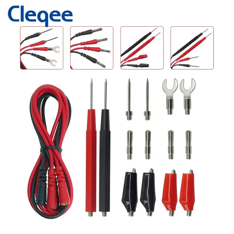 Cleqee P1500 16PCS Multimeter Test Leads Kit Replaceable Test Probes + Alligator Clip + Spade Plug + 4mm Banana Plug Universal