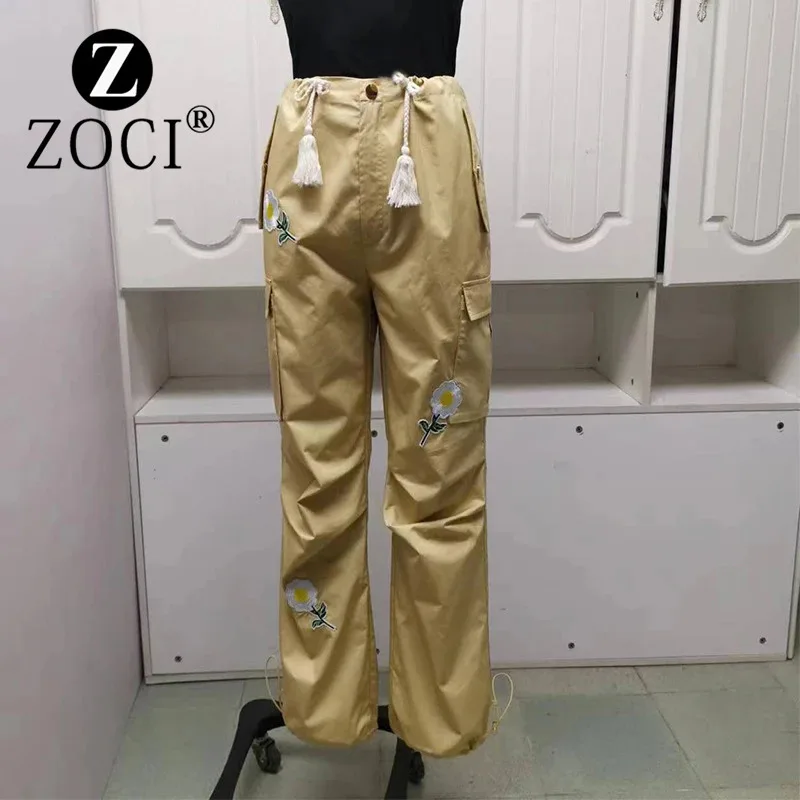 [ZOCI] Celebrity Style Khaki Drawstring Three-dimensional Flower Embroidery Work Pants, Summer New Women's Wide Leg Casual Pants