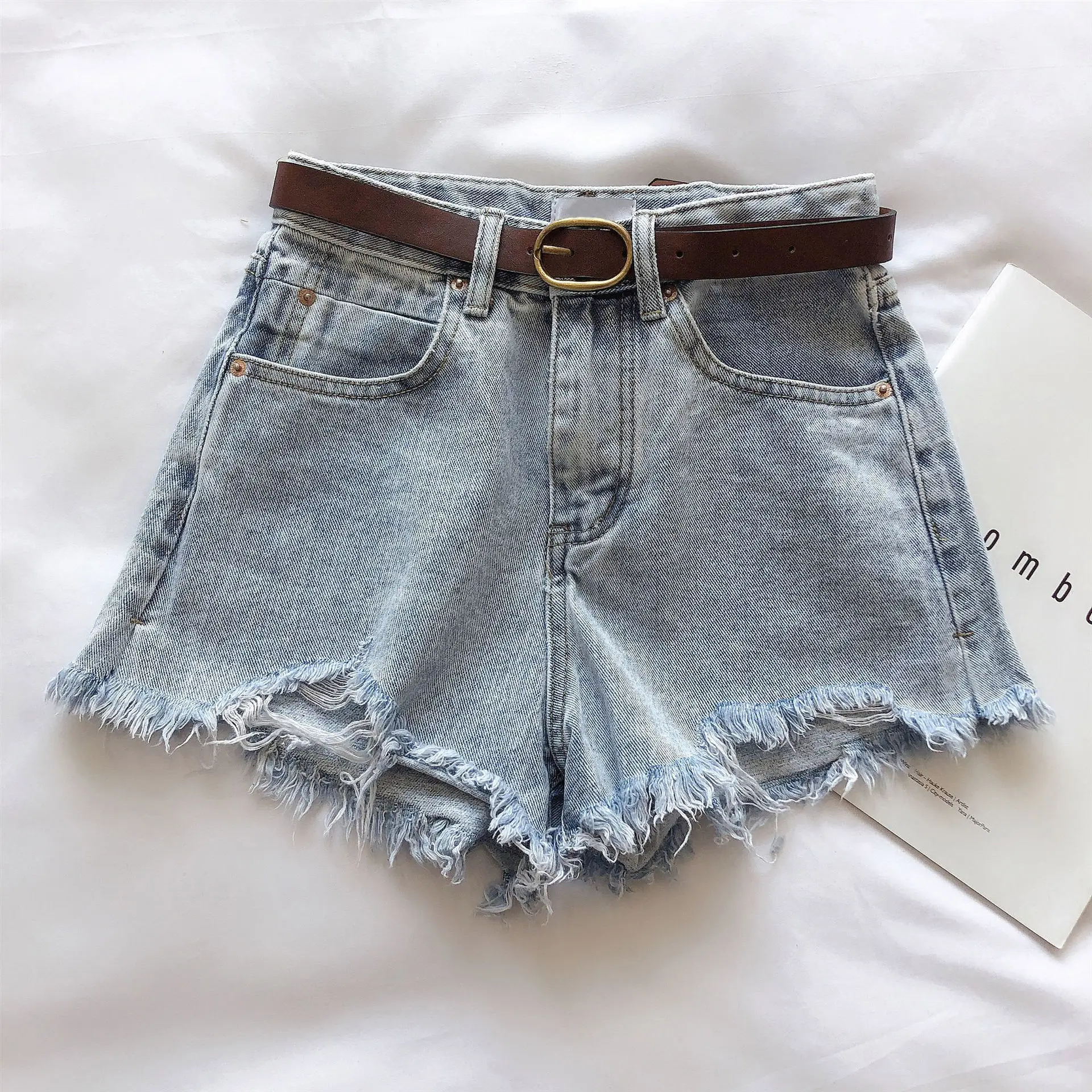 Hot Sale Women's Clothing Elastic Waist Wide-leg Short Jeans Summer Pocket Tassel Hole Ripped Jeans Short Pants