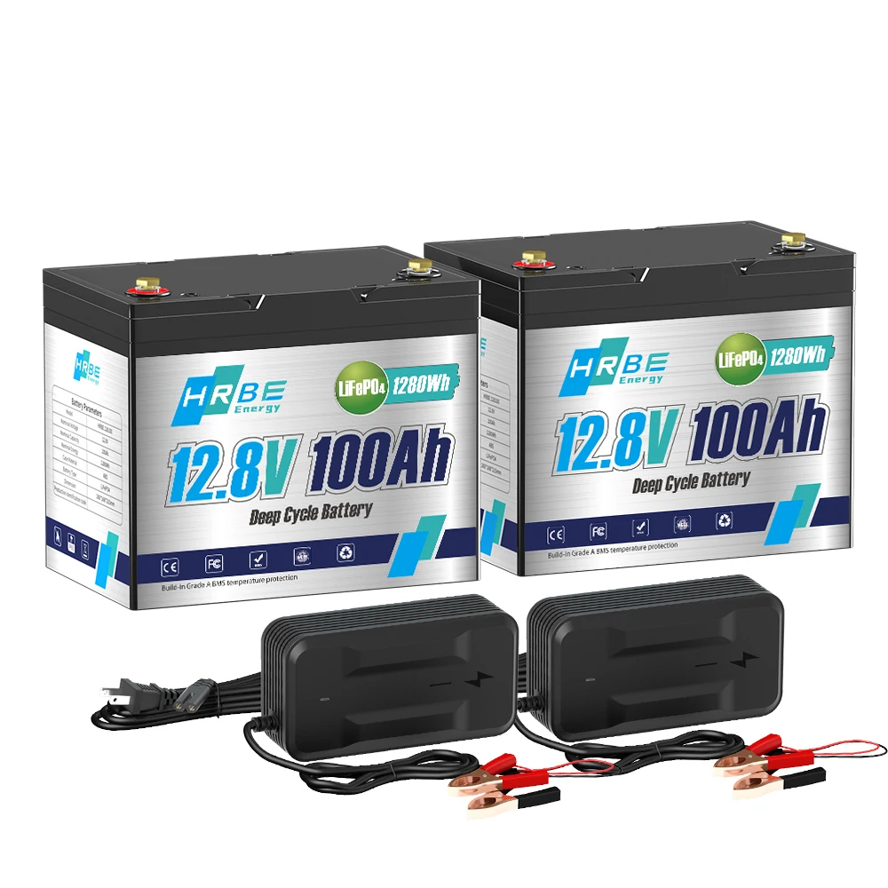 2Pack 12V 100Ah LiFePo4 Battery Pack Up to 6000 Cycles 12.8V Batteries Built-in Smart BMS For Solar Boat Rechargeable Battery