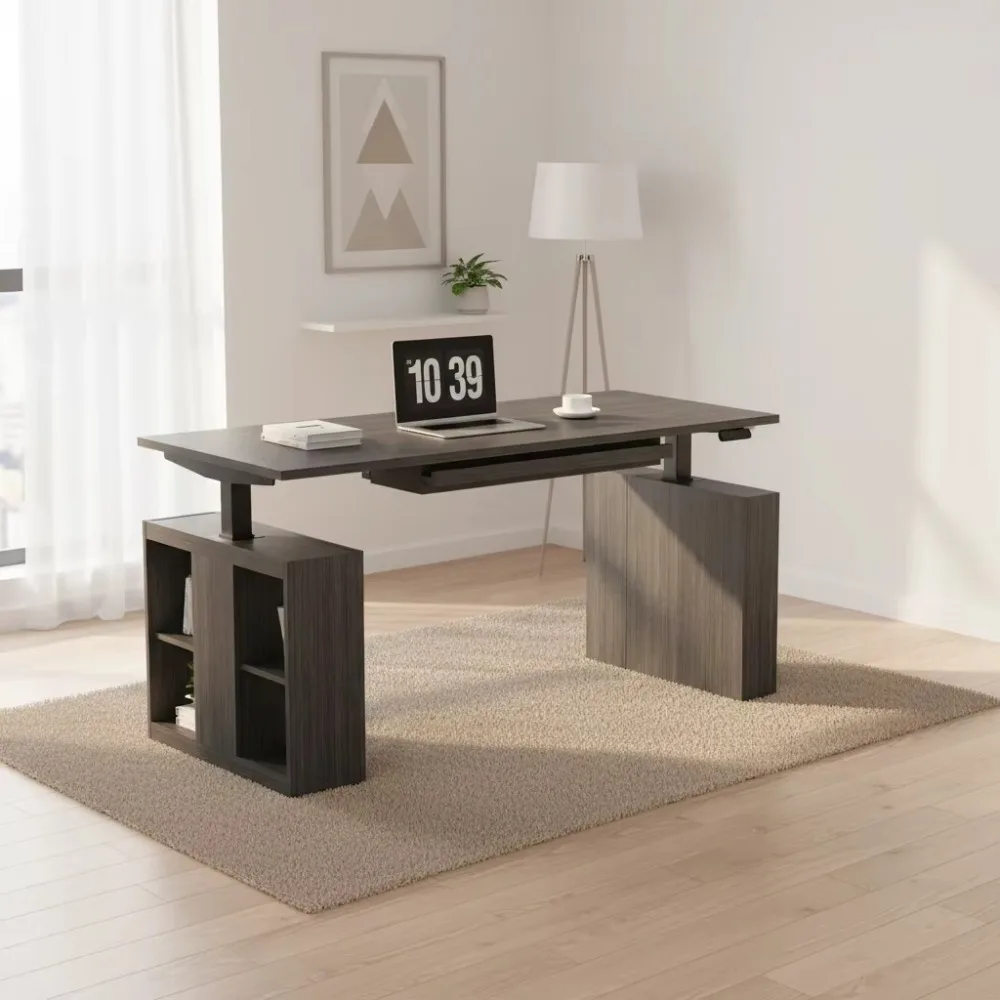 Adjustable Electric Lifting Computer Desk Home Walnut Study Table Light Luxury Modern Office Desk with Socket Function