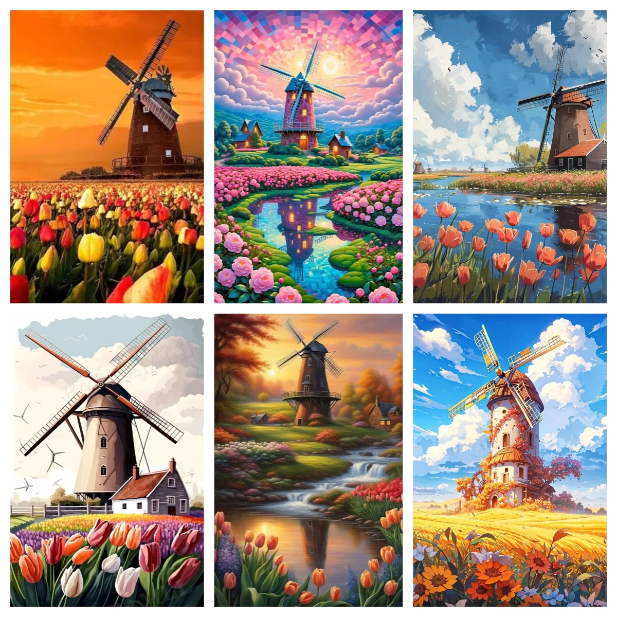 Molino de viento de Países Bajos, cartel de viaje, bolsa con cremallera, Kit de pintura de diamante 5D DIY, arte de campo holandés Retro, paisaje holandés