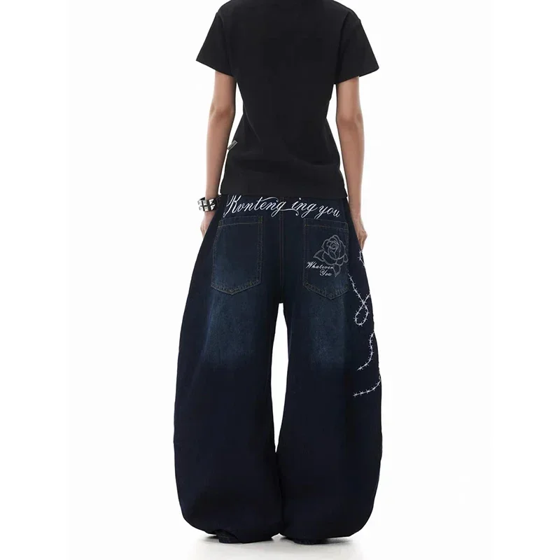 

Vintage Embroidery Y2K Baggy Jeans Women High Waist 2000s 90s Casual Wide Leg Denim Pants American Retro Harajuku Trousers