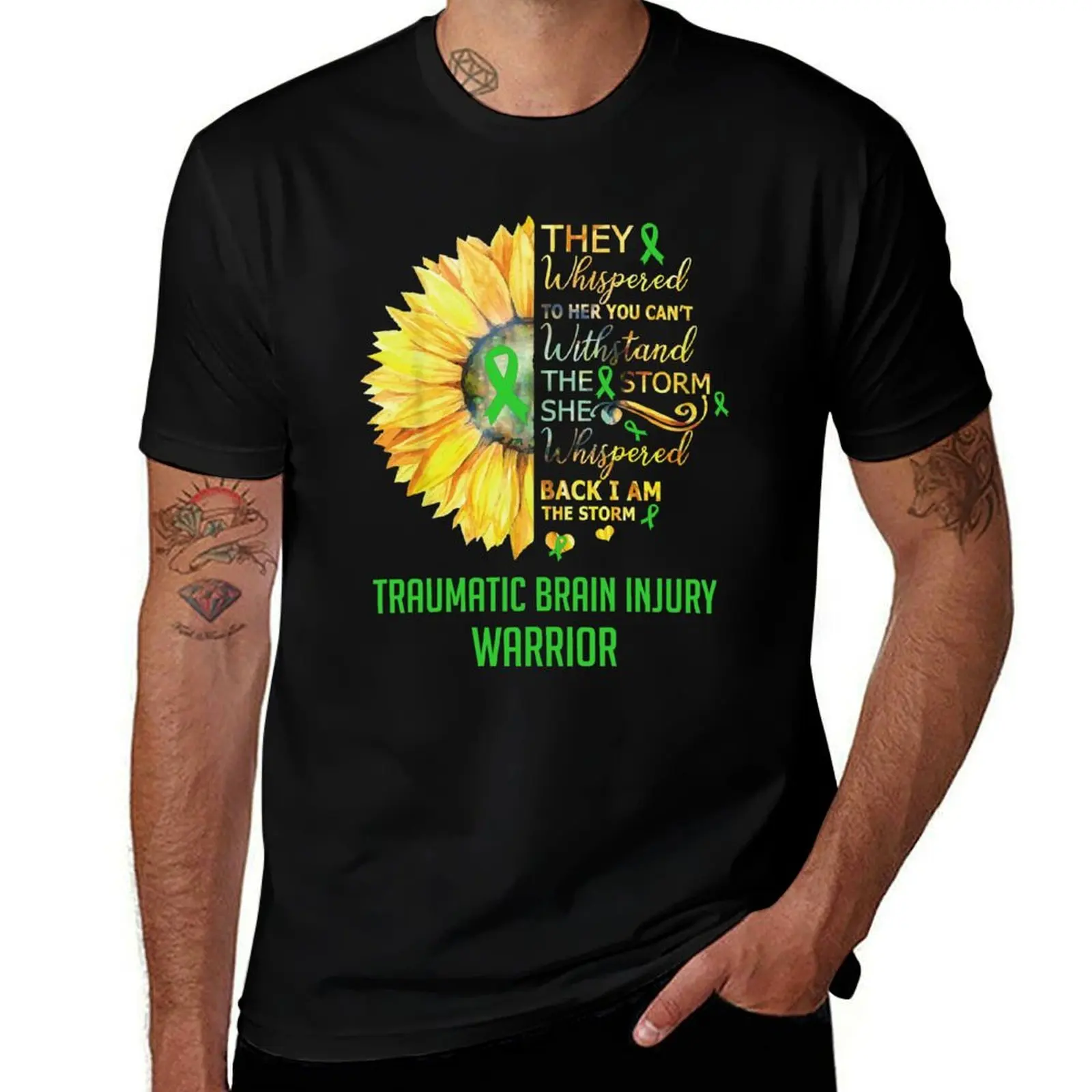 Traumatic Brain Injury Awareness Warrior Support Survivor Green Ribbon Gifts T-Shirt Casual Basic Short Sleeve T-Shirt