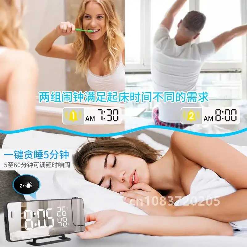 LED Digital Mirror Projection Alarm Clock Home FM Radio Thermometer Hygrometer USB Wake Up Watch 180° Projector Time Snooze Gift