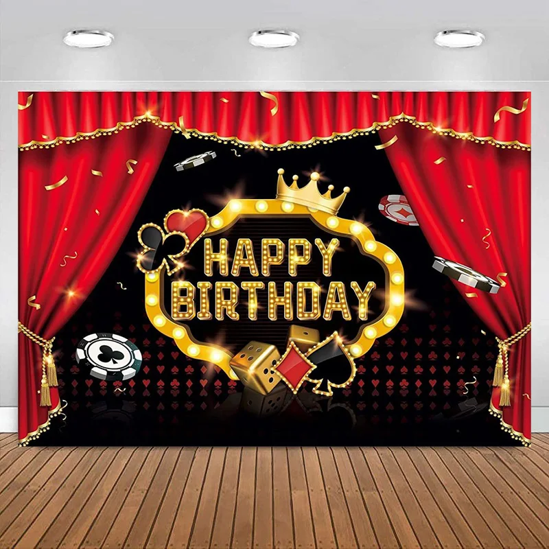 Casino Backdrop Las Vegas Theme Party Birthday Poker Cards Night Happy Black Red Golden Dice Light Cool Winner Decoration Banner