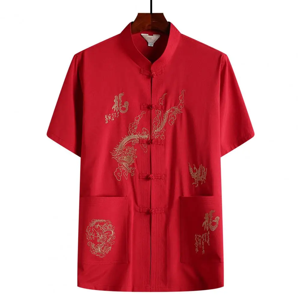 Men Shirt Tangs Suit Top Embroidery Dragon Short Slleve Knot Buckle Pockets Kung Fu Shirt Pure Color Chinese Tangs Clothing Top