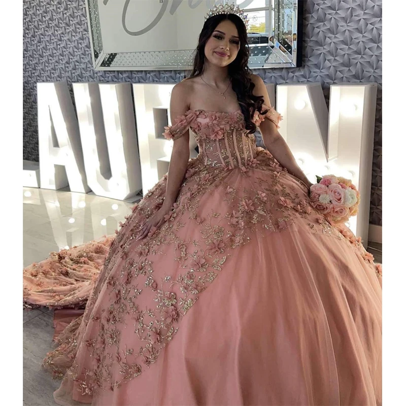 Personalizado mexicano brilhante blush rosa quinceanera vestido de baile 3d floral renda applique frisado doce 16 vestidos xv años yqd436