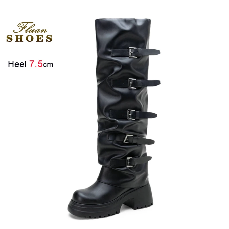 

Женские черные рыцарские сапоги с пряжкой, черные рыцарские сапоги до колена на массивном каблуке 7,5 см, брюки до колена в стиле панк, большие размеры 43, 44 45, крутые длинные туфли