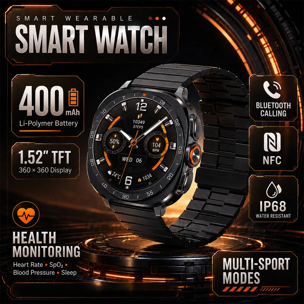 1.52 Inch TFT Smart Watch for Men Women, 360x360 Display, Bluetooth Calling NFC, 400mAh Battery Fitness Tracker for Daily Sports