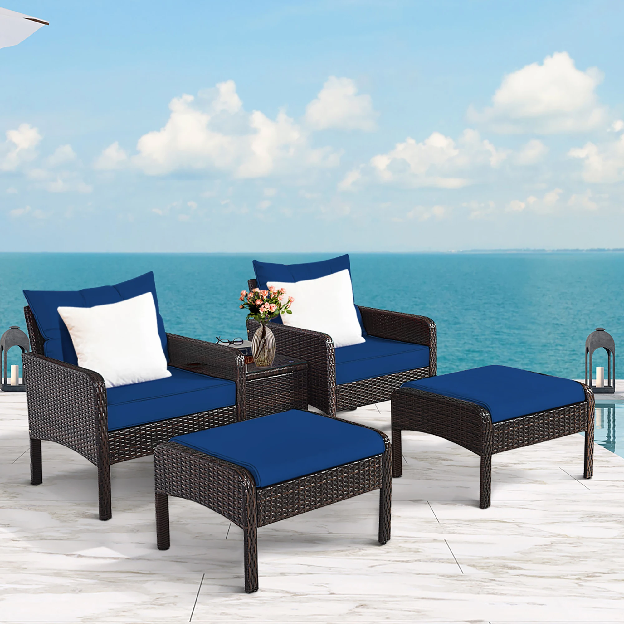 5 PCS Patio Rattan Wicker Furniture Set Sofa Ottoman Coffee Table Cushioned Navy