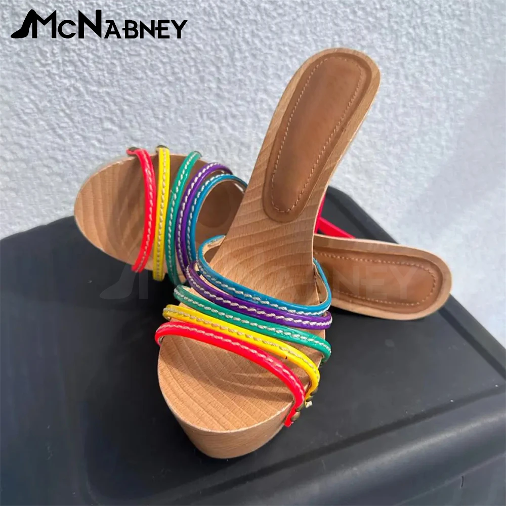 Rainbow Color Platform Mules Wood Grain Stickers Round Toe Stiletto Slippers Handmade Sewing Sexy Summer High Heels for Women