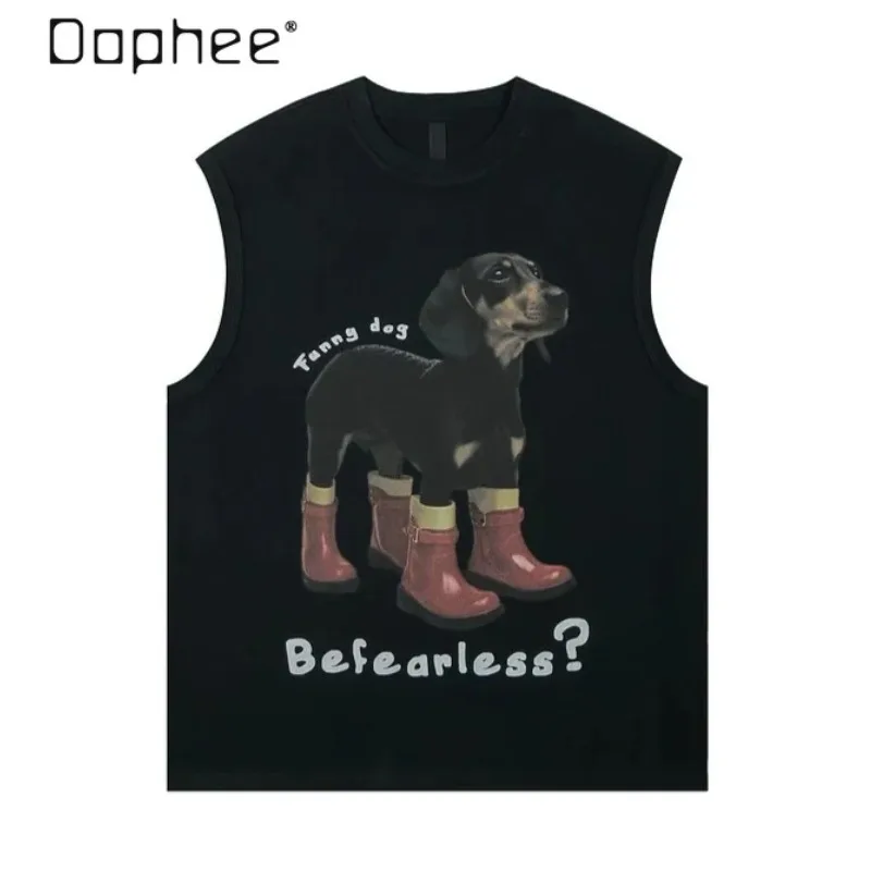 2026 Summer Trendy Men's T-Shirt Hip Hop Cute Dog Printed Sleeveless T-Shirt American Vintage Street Wear Loose Casual Top Men