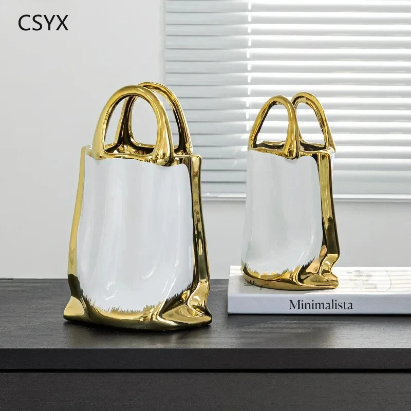 Creative Handbag Shape Vase Gold-plated Ceramic Plant Pot Table Decoration Flower Arrangement Flowers Vases Room Aesthetic Decor