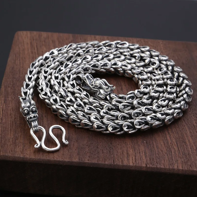 Sterling silver 925 overbearing handcrafted double-headed necklace male Vintage personalized dragon scale chain 6mm fashionable