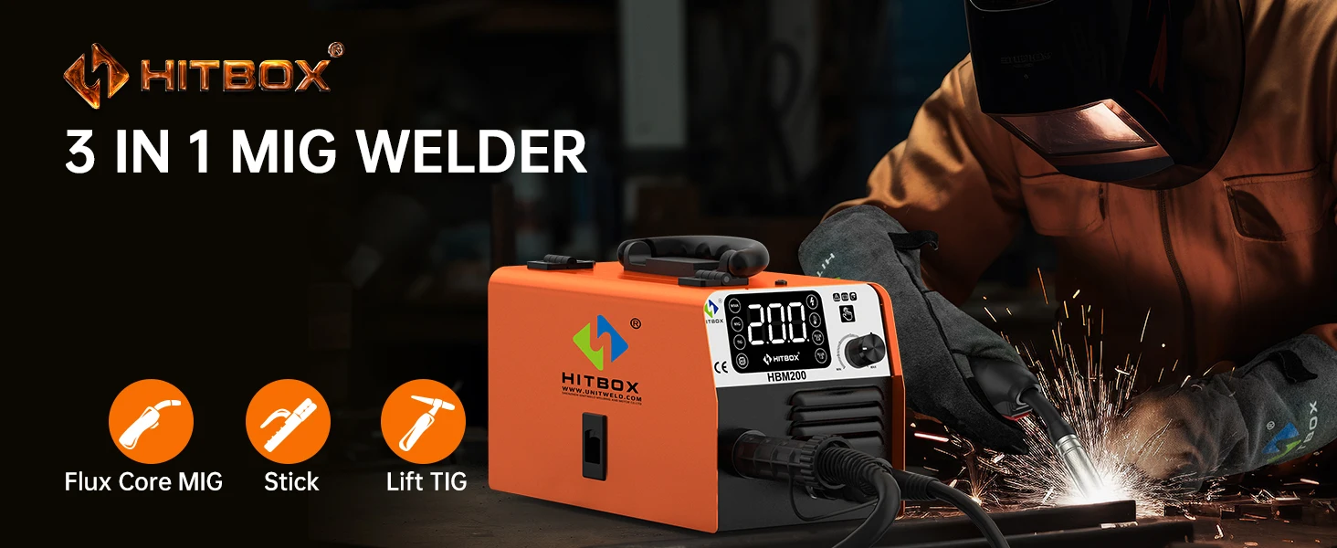HITBOX HBM200 MIG TIG MMA Welding Machine 3 IN 1 Synergy Inverter Welder Gasless Flux Core Semi-Automatic Soldering Portable Inverter Equipment for Iron Metal Work