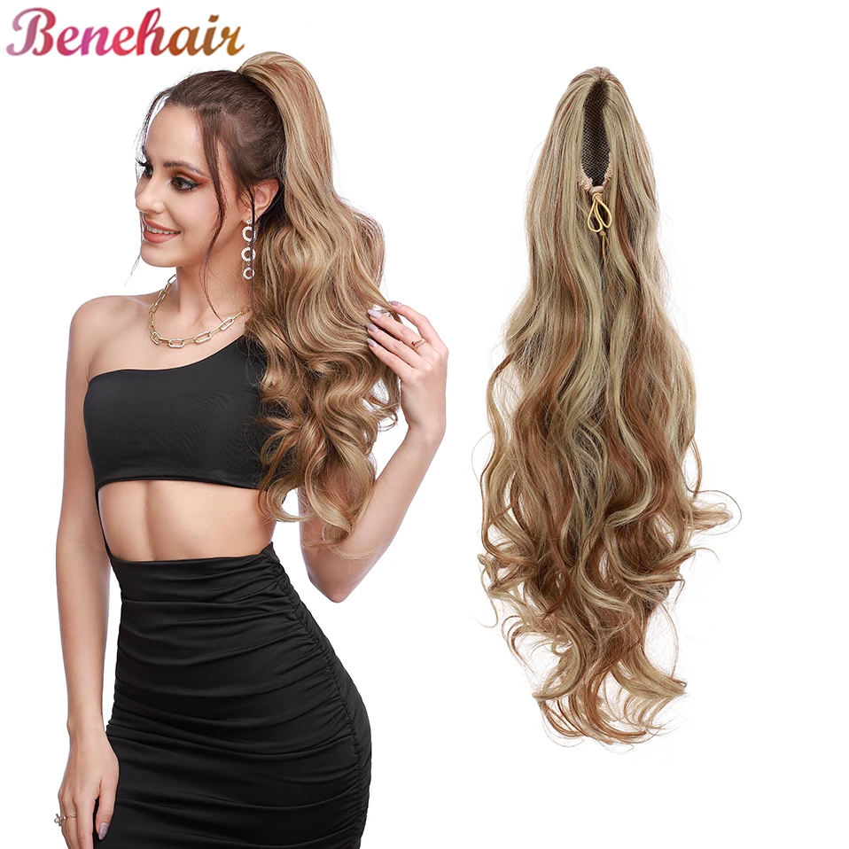 

Benehair Synthetic 24inch Long Body Wavy Drawstring Ponytail Hair Pieces For Women Clip In Extensions With Elastic Band Daily