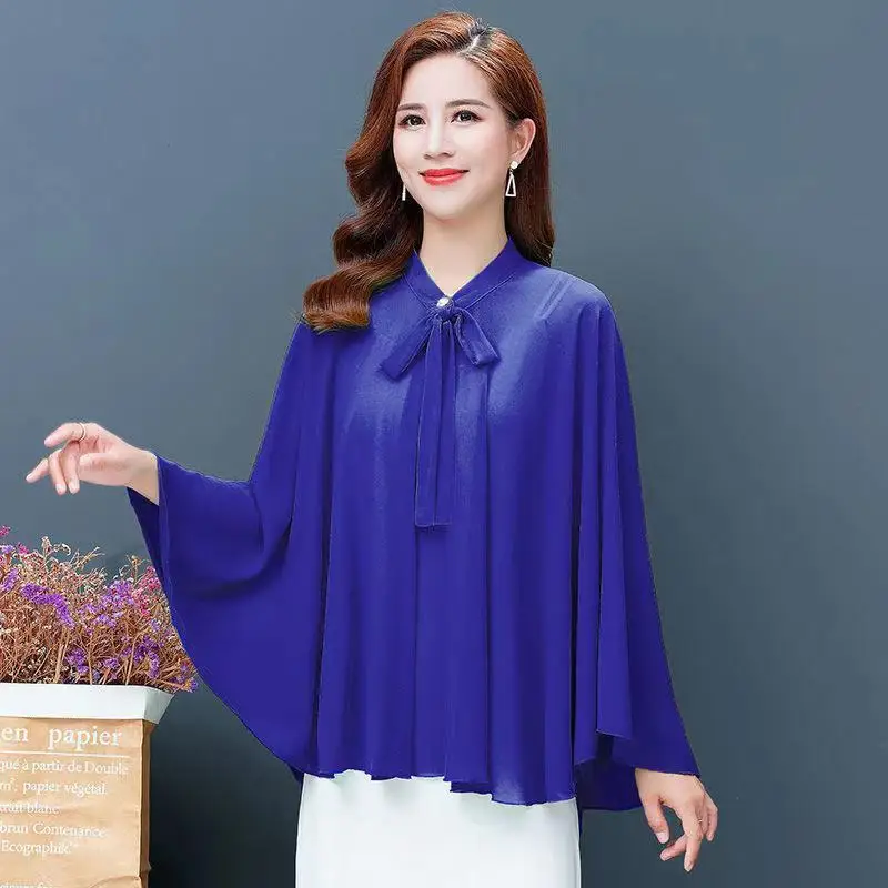 

2022 Summer New Shawl Chiffon Sunscreen Clothes Women Lace Up Cloak Thin Air Conditioning Cardigan Lady Poncho Capes Blue