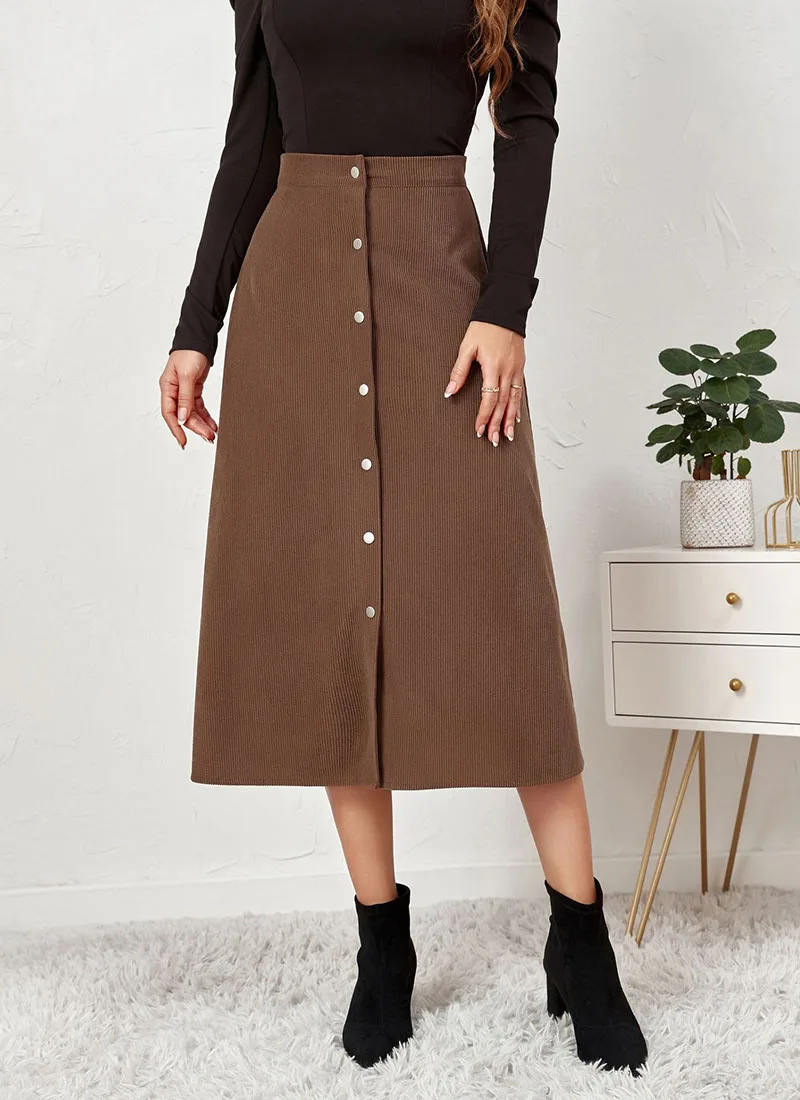 

2025 Women's Corduroy Half-Dress With One Button High Waist Autumn Winter Style Long Dress
