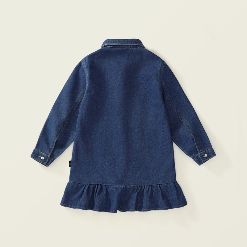 Girls Lapel Long-Sleeved Denim Dress Send Bow Tie 2024 Spring New Children\'s Korean Buttons Pockets Casual Loose Ruffled Dresses