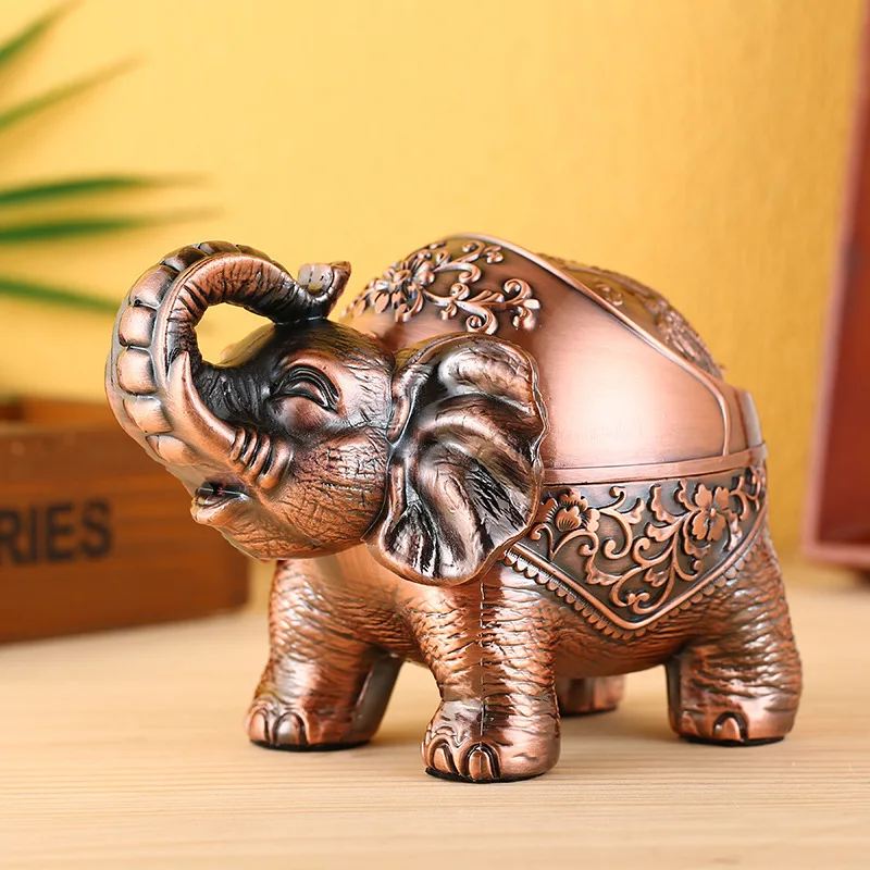 Elephant Shape Retro Animal Windproof Ashtray Alloy Ash Container Semi-closed for Home Living Room