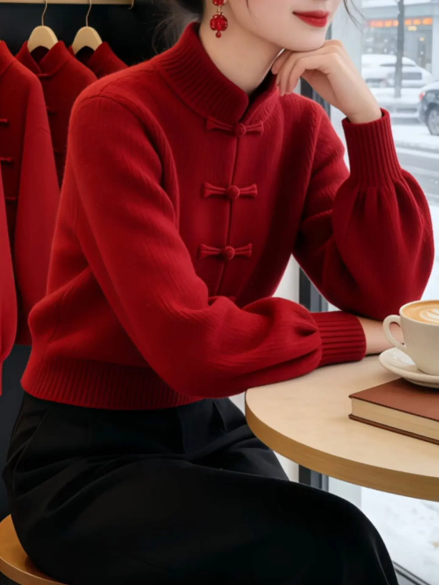 

Женский вязаный свитер Ele Korean Sle с длинным рукавом, воротником-стойкой, красный, новогодний, с пуговицами, весенняя мода 2026